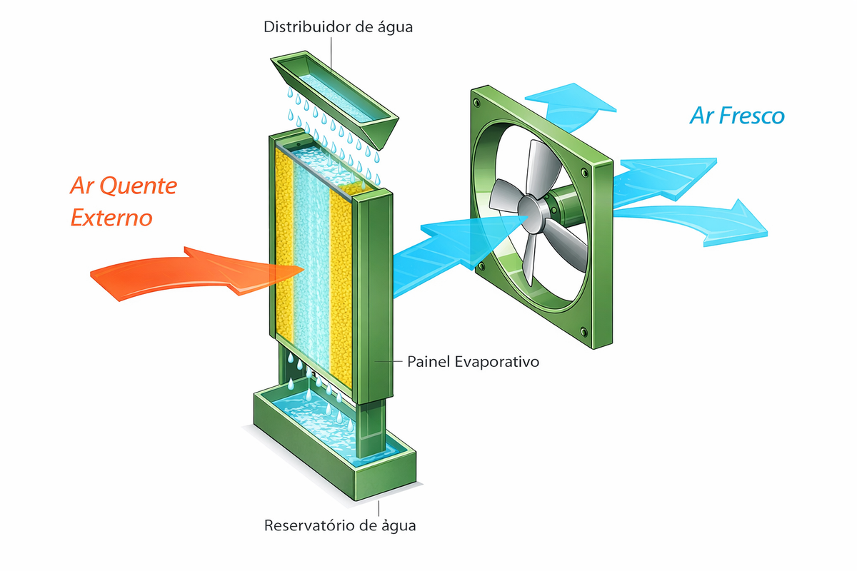 Processo evaporativo: ar quente externo passa pelo painel evaporativo e se transforma em ar fresco