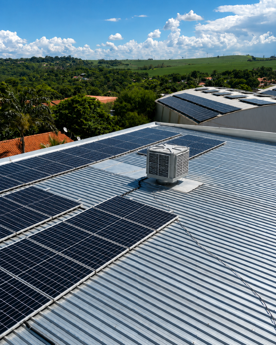 Climatizadores industriais instalados em ambiente comercial